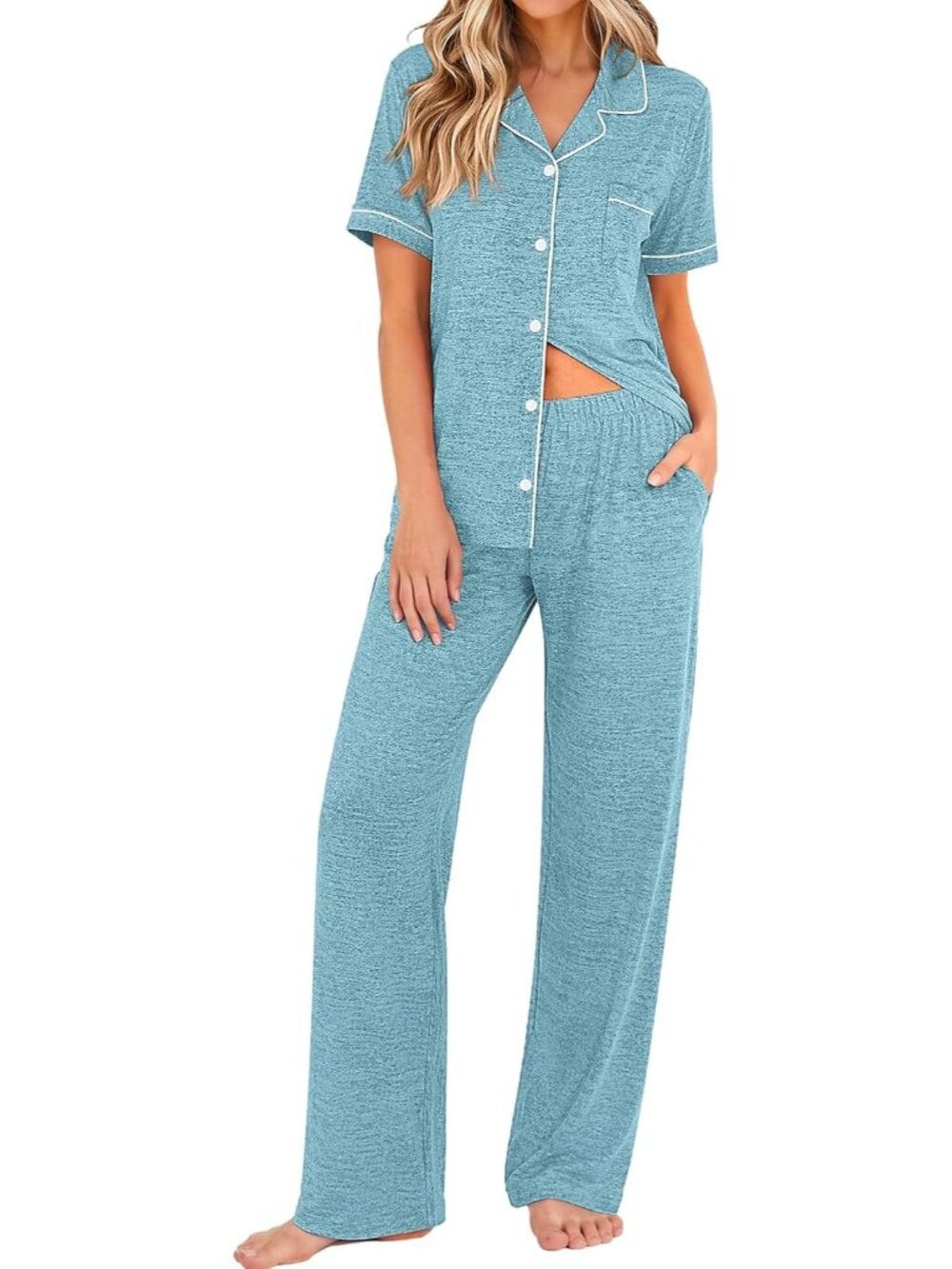 Women's Dark Peacock Blue Short Sleeve Long Pant Sleepwear 2 Piece Pajama Set